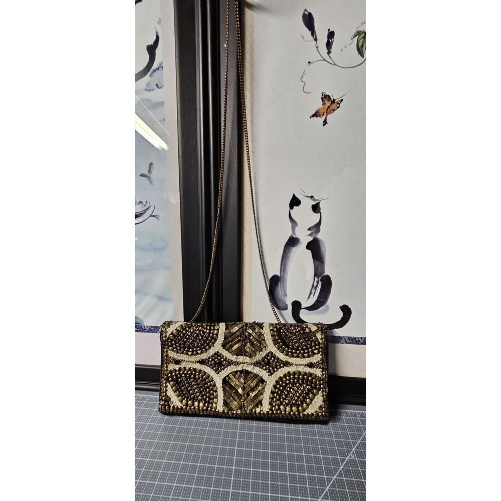 ecote METAL Sequin Beaded goldline embroidery flap snap Clutch cross body purse